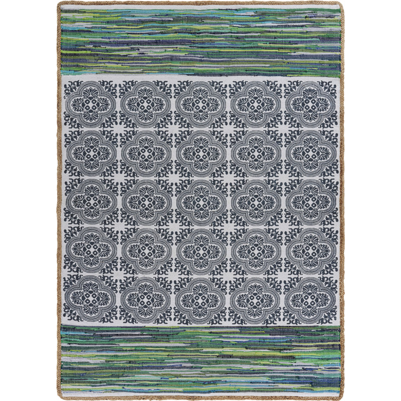 Tapis décoratif bleu marine en coton tissé à la main à motif géométrique izatt, Rectangle 5 pi x 7 pi