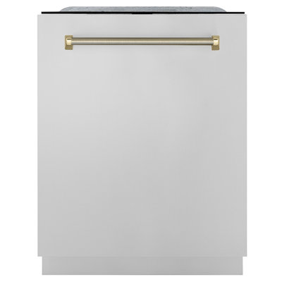 ZLINE Autograph 24 in. Auto Door Open 3rd Rack Dishwasher, 44dBa, Steel Panel & Gold Helix Handle
