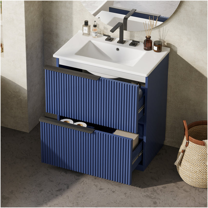 Meuble-lavabo 30 po avec lavabo en céramique et tiroirs pleine extension, meuble-lavabo autoportant avec glissières de tiroir à fermeture douce, conception cannelée, bleu