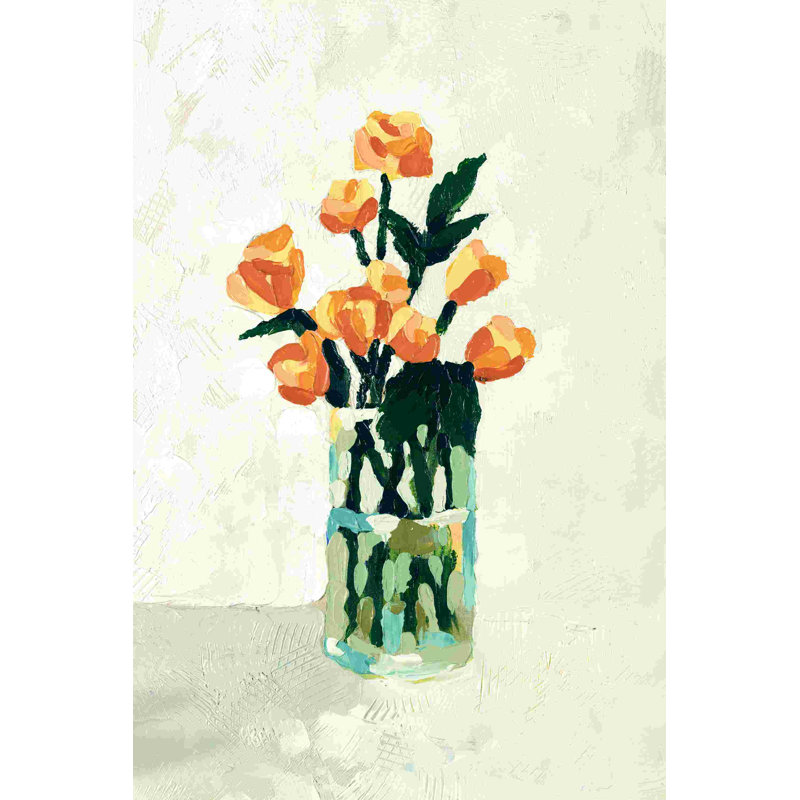 Fleurs orange dans un vase, H 18 po x l 12 po