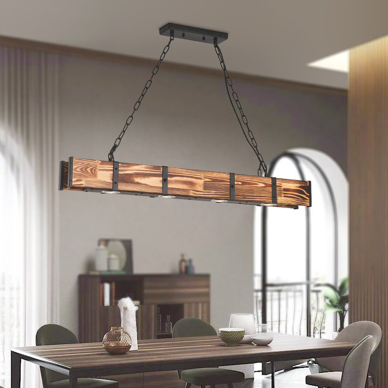 Breiden 4 - Light 39"W Kitchen Island Linear LED Modern Pendant with Black Metal & Wood for Dining Room or Kitchen