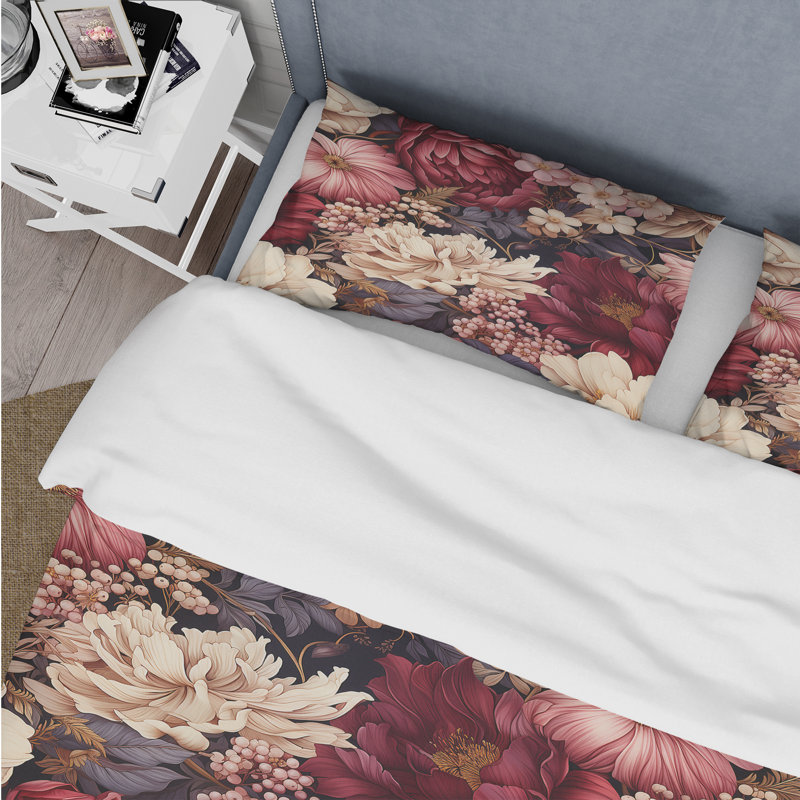 Ensemble de housse de couette floral - pivoines victoriennes royales bourgogne I
