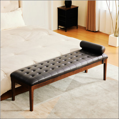 Banc rembourré de 66 po avec appui-tête, banc pour fenêtre d'appoint capitonné, pieds en bois d'hévéa foncé, banc en cuir nano, repose-pieds pour le salon de la chambre, couloir, café