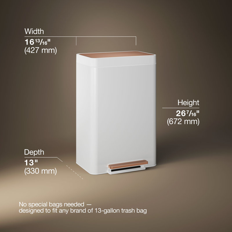 Reset 13 Gallon Kitchen Trash Can, Stainless Steel Hand Free Step Trash Can with Quiet-Close Lid, White/Copper, 13 Gallon