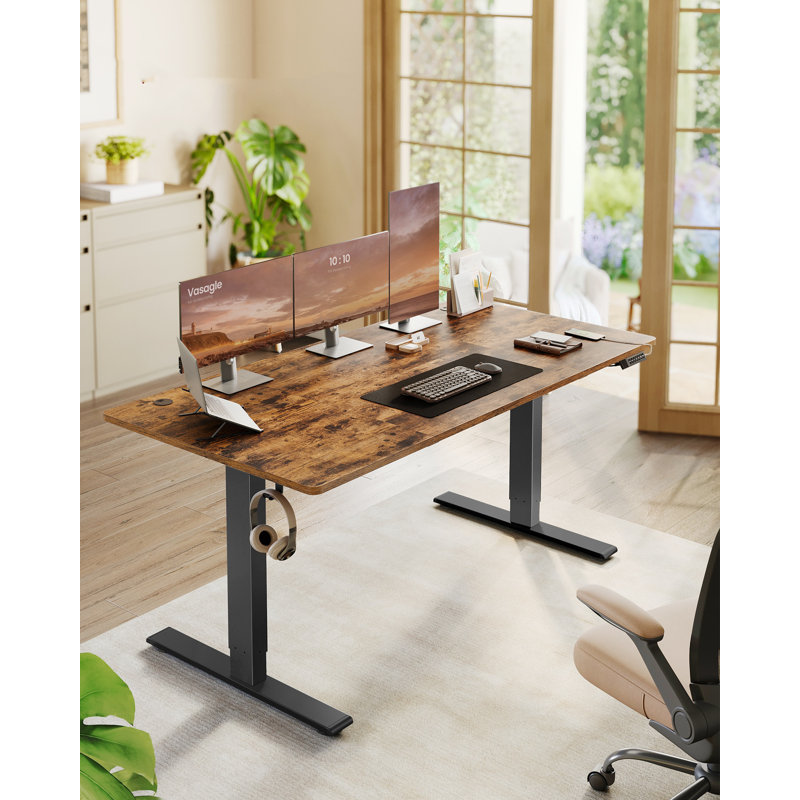 Adjustable Metal Base Standing Desk with Power Outlet, Brown/Black, 160cm W x 80cm D