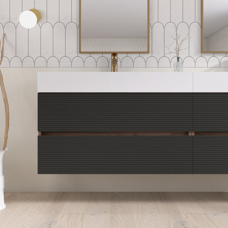 Ensemble de meuble-lavabo mural 72 po avec surface solide 72 po, Noir/noyer, 72"