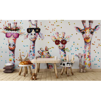 Murale amusante girafes avec lunettes de soleil pour enfants | Papier peint coloré avec confettis | Non tissé ou pelez et collez