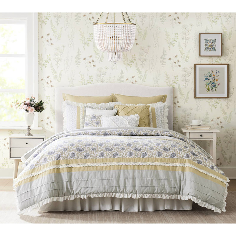 Édredon 9 pièces Dawn - Grand lit jaune, chambre Shabby Chic, comprend un édredon, des taies décoratives, des taies décoratives européennes et des coussins décoratifs en tissu de coton grand format