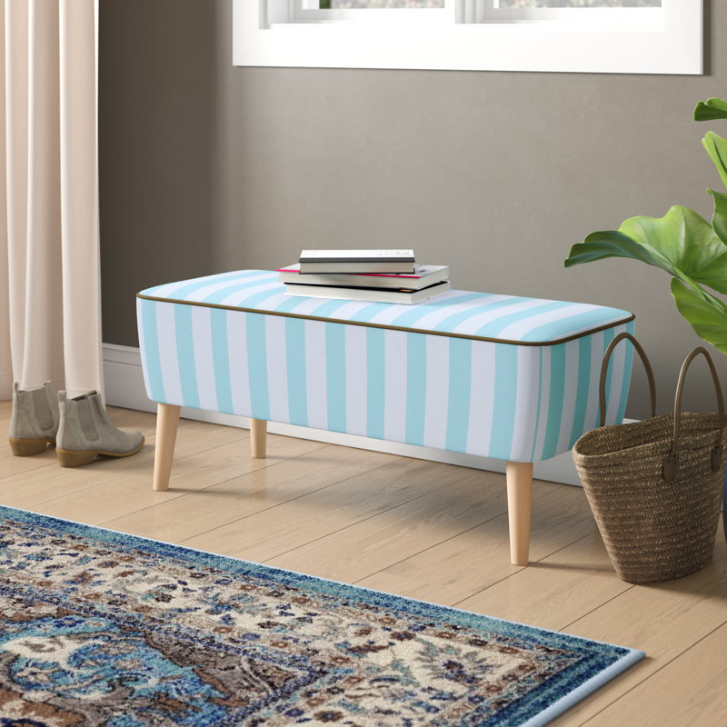 Mr.M Polyester Blend Upholstered Bench, Cream, Sky Blue