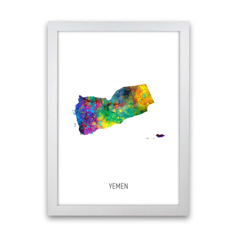 Yemen Watercolour Map by Michael Tompsett - Print, White Framed, 88cm H x 64cm W x 3cm D