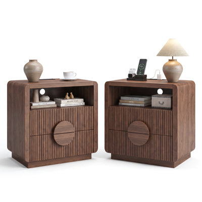 23" H 2-Drawer Nightstand Openwork Side Table With Charging Station, Slatted Panel Design & Open Shelf, Curved Profile End Table For Bedroom, Living Room, Sofa And Office (Set Of 2)