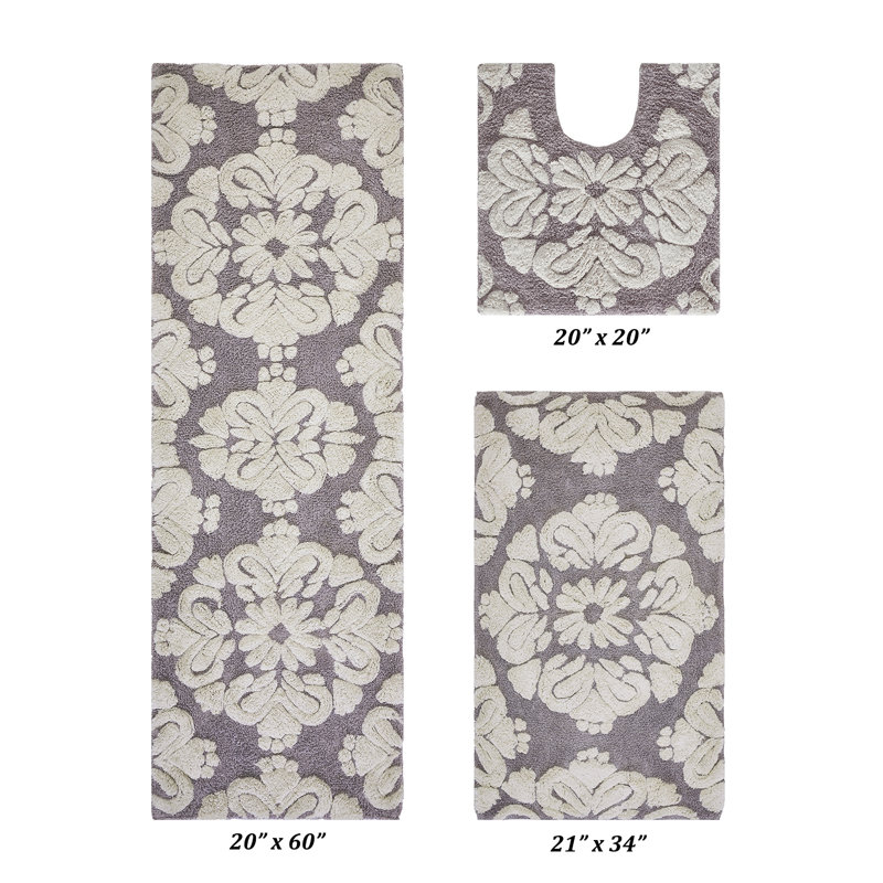 Chemash Premium-Quality 100% Cotton Super Absorbent Machine Washable 3 Piece Bathroom Rug Set, Gray