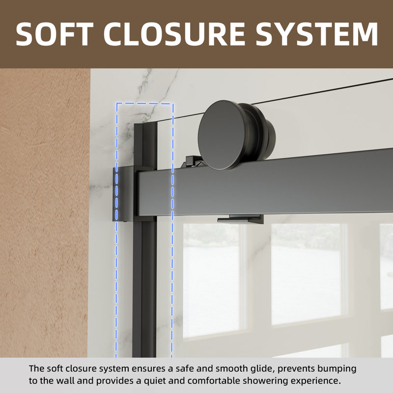 56" - 60" W X 72" H Single Sliding Semi-Frameless Shower Door With Clear Tempered  Glass, Matte Black