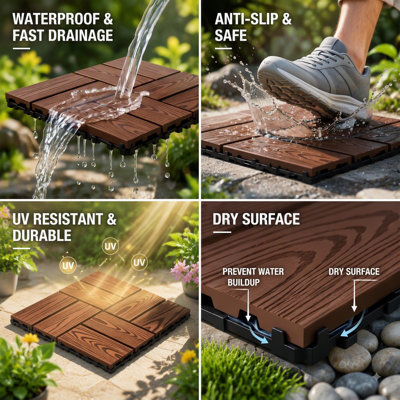 Dalles de terrasse emboîtables en WPC, 25 pièces - Panneaux gaufrés 8 côtés, brun clair, pour une installation facile et une durabilité accrue