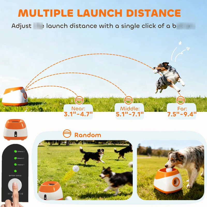 Chien automatique de 26 à 79 pi avec 3 réglages de lancement, mode aléatoire, batterie 5200 mah, télécommande 98,4 pi et 6 balles pour les chiens de taille moyenne à grande: jeu, rebond
