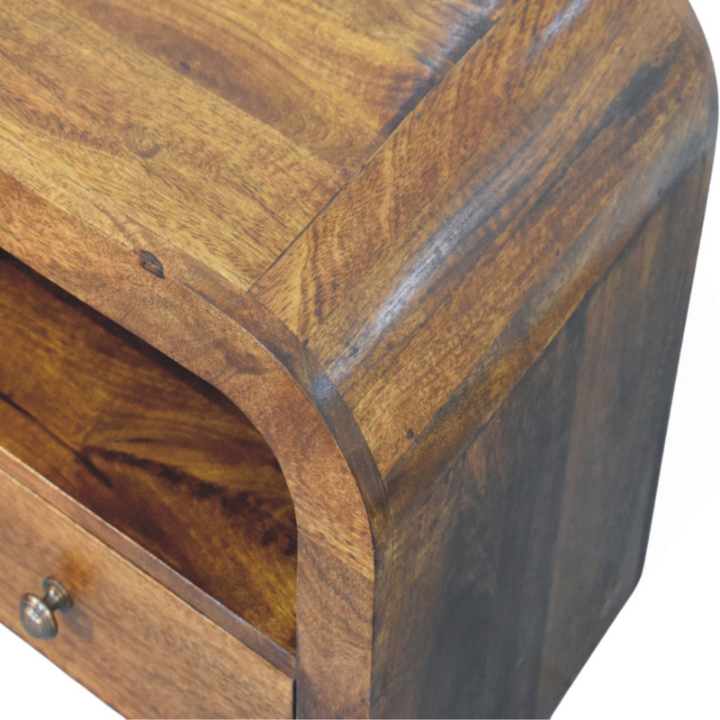 Table de chevet Darcy en bois massif, 1 tiroir et tablette ouverte, châtaignier, brun
