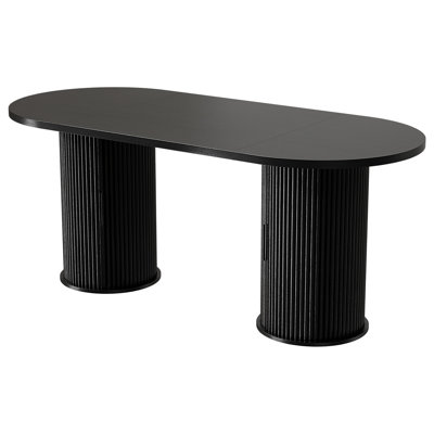71" 6-Seater Oval Extendable Dining Table with Butterfly Leaf, Dual Side Storage Cabinets with Hidden Hinged Doors, Modern Fluted Iron Pedestal Base,