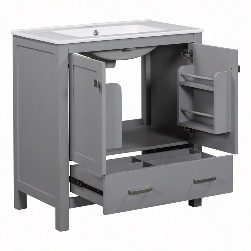 Meuble-lavabo de 30 po avec lavabo simple, meuble-lavabo encastré, armoire de rangement avec 2 portes et un tiroir, fermeture en douceur, rangement multifonctionnel, structure en bois massif