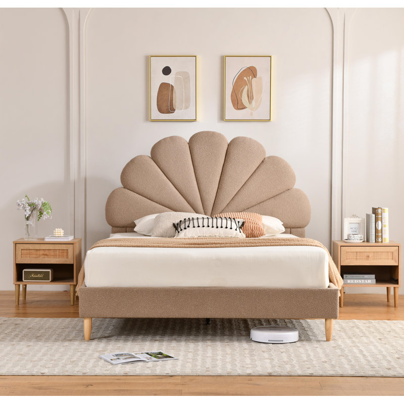 Shell  High Headboard Upholstered Platform Bed, Light Brown, Queen