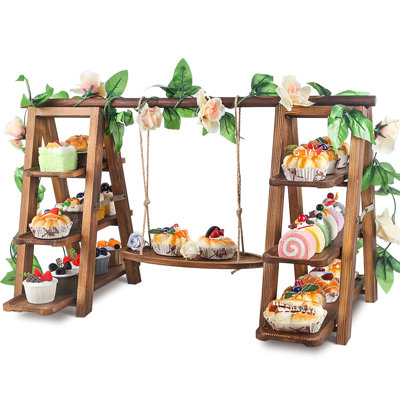 Présentoir à cupcakes en bois à 3 étages avec balançoire et décoration florale, plateau de service amovible, échelle de service, support pliable avec plateau de service, ensemble de présentation pour gâteaux, amuse-gueules, fruits, croustilles, pain, centres de table, traiteur