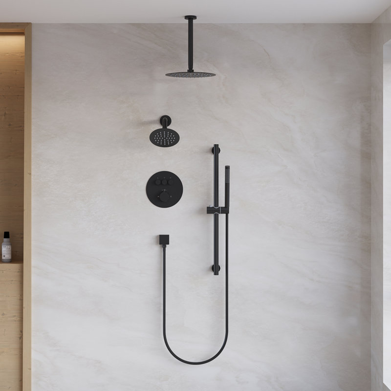 Système de douche double à 3 fonctions avec pluie, tête réglable et baguette manuelle (valve incluse), Noir mat