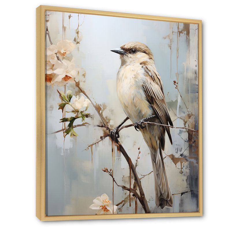 Minimalisme, oiseau beige sur une branche, Cadre naturel flottant, H 32 po x l 24 po x P 1 po