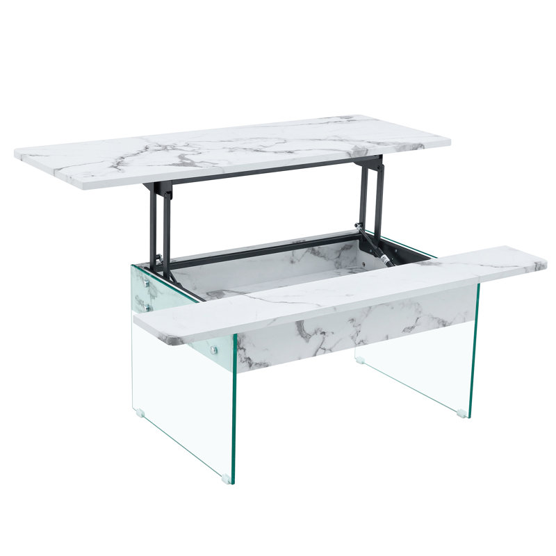 La table basse de 43,3 pouces avec fonction de réglage de la hauteur (avec espace de rangement) combine style rustique et verre trempé