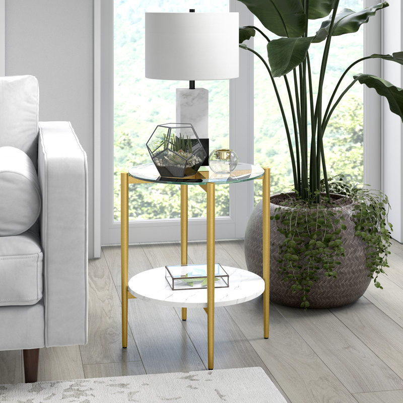 Otto Glass Top End Table, Gold/Faux Marble