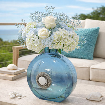 Vase décoratif floral, verre bleu océan avec motif de pierre, 8 pouces