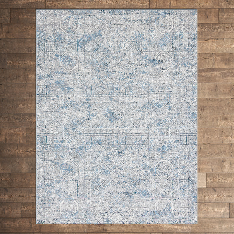 Tapis oriental ivoire / gris / bleu Attif Jacque, Rectangle 4 pi x 6 pi