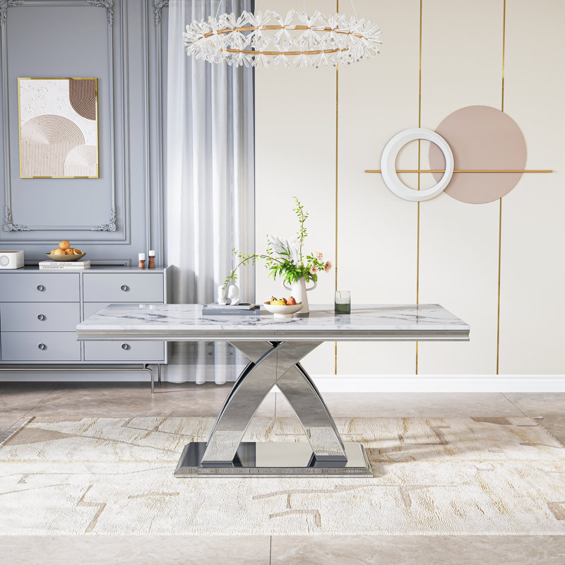 70.08'' Luxury Rectangular Faux Marble Dining Table With White Marble Top & X-Shaped Stainless Steel Base, Silver