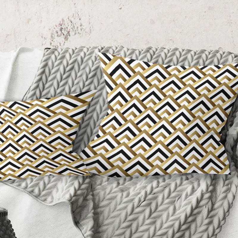 Motif à carreaux dorés - Coussin Mid-Century, 16 po x 1 po, Noir