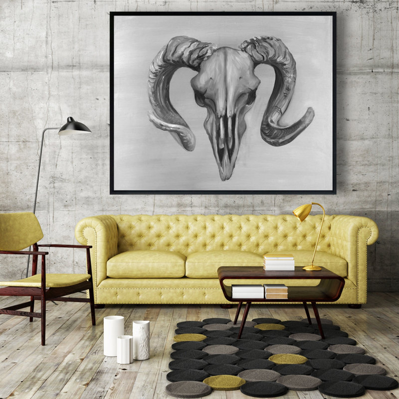 Grayscale Aries Skull Print On Canvas