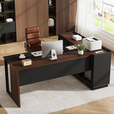 70" Executive Desk With Cabinet Storage, L-Shaped Office Desk With 3 Drawers And Shelves