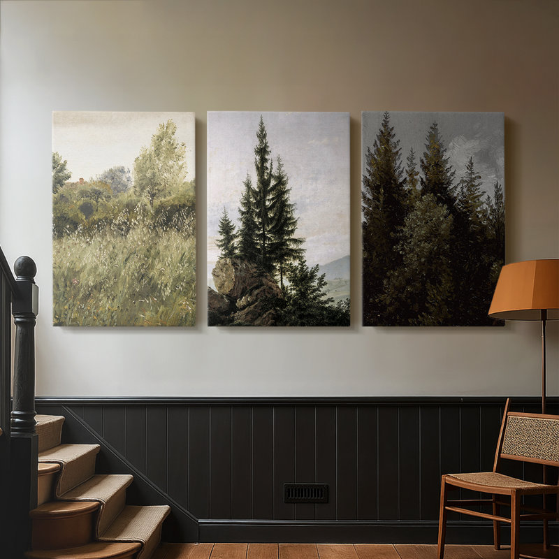 Paysage rétro CCXV - Toile tendue avec châssis sur mesure - 3 pièces, H 18 po x l 36 po