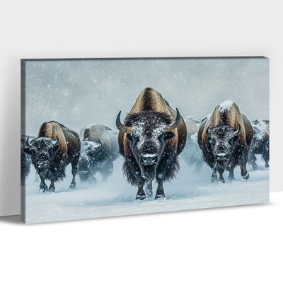 «Large Buffalo Winter», reproduction d'art sur toile - Troupeau d'animal enneigé