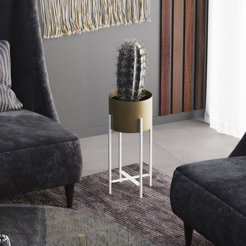 Pot décoratif Becontree Elegant, blanc et or, 9,1 po x 18,9 po | Fabrication 100% métal, diamètre du pot: 7,9 po, hauteur du pot: 5,9 po | Léger (2,1 lb), aucune installation requise, parfait pour la décoration intérieure et la présentation de plantes