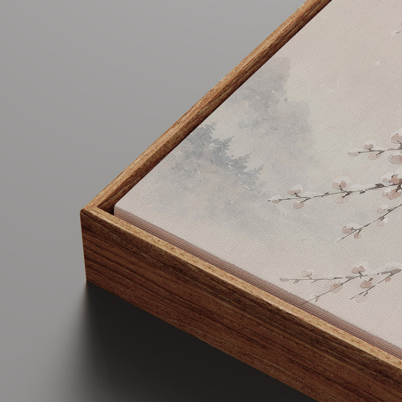 Framed Canvas Wall Art - Serene Snowy Blossom Branches in Misty Landscape - 16"x24", 24"x36", 24" H x 16" W, Natural