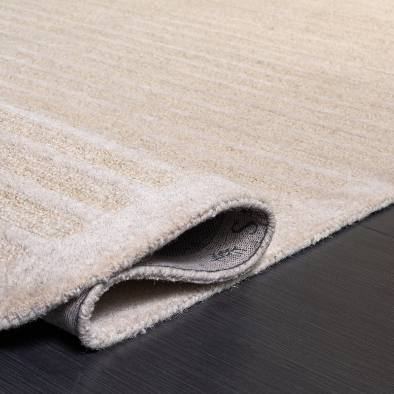 Tapis rayé beige / ivoire en laine / coton touffeté à la main Ebony, Rectangle 9 pi x 12 pi