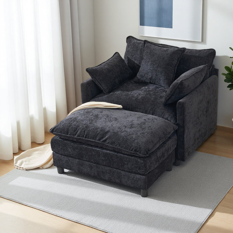 Fauteuil d'appoint rembourré en chenille de 39,4 po avec repose-pieds et fauteuil club moderne, Noir