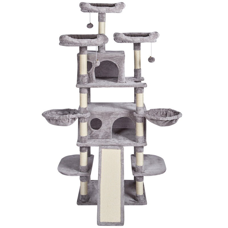 Arbre à chat pour chats d'intérieur, tour pour chat de 63 po avec 2 condos pour chat, poteau à griffes en sisal, hamac, perchoir supérieur, plateformes de saut, grand centre d'activité de mobilier pour chat avec ballon suspendu, gris clair