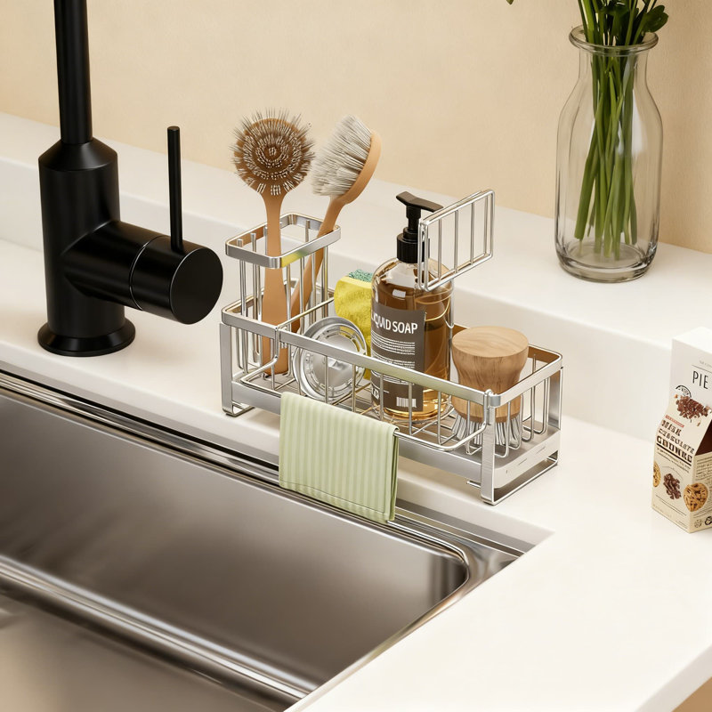 Organisateur d'évier de cuisine en acier inoxydable avec drainage rotatif à 360 °, porte-brosse amovible et support à vaisselle - Porte-éponge autodrainant pour l'organisation du comptoir