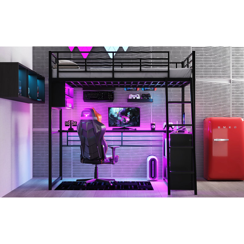 Space Metal Loft Bed With Led, Desk, And 4 Shelf Storage Choices - Black Full Versatile, Full