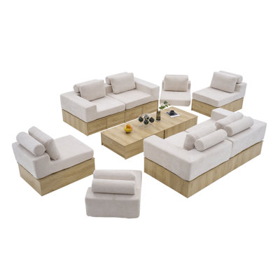 Canapé d'angle modulaire 8 places avec tiroirs de rangement, canapé multifonctionnel en forme de L avec base de rangement intégrée et table basse.