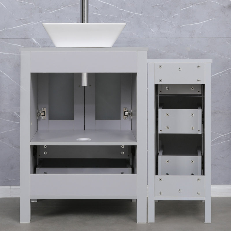  36" Single Bathroom Vanity Set with Vessel Sink, Manufactured Wood Top, Faucet, Drain, Gray, Gray