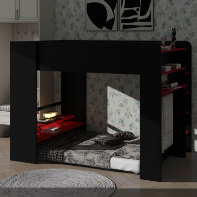 Lit superposé double avec bureau réglable en hauteur, avec garde-robe et choix d'éclairage RVB