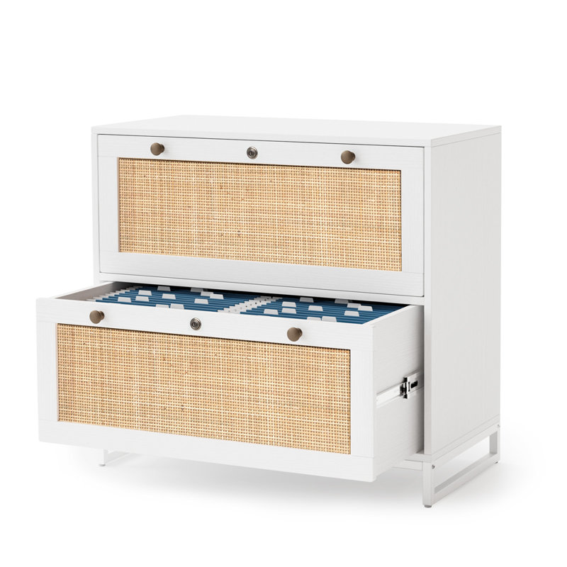 White and Natural Rattan 2-Drawer Lockable File Cabinet