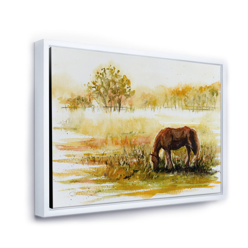Cheval broutant sur un pré - Peinture sur toile, H 16 po x l 32 po x p 1 po, Toile blanche encadrée