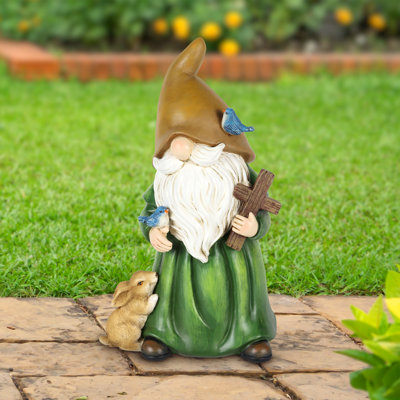 Statue de moine gnome de jardin avec croix et créatures des bois Exhart, 6 x 5 x 10,5 po