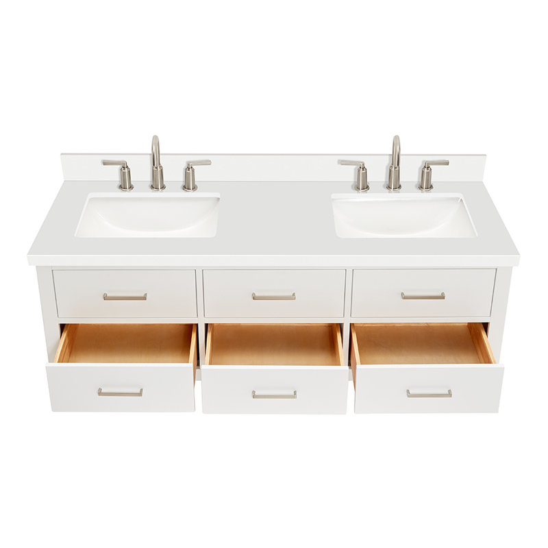 Macolm Wall Mounted Wall Mounted 2 Double Vanity Bathroom Vanity With White Quartz Top, White, Brushed Nickel, 61"